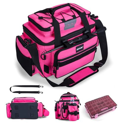 Goture Fishing Tackle Bag with 2pcs 3600 Tackle Boxes, 600D Water-Resistant Soft Side Saltwater Gear Storage Fishing Bag with Rod Straps, Detachable Water Bottle Pouch, Waterproof Bottom, SBS Zippers - color: C1:Pink with 2 3600 Tackle Boxes, size: Large