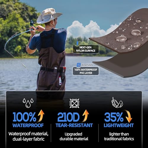 Upgraded 210D Nylon Chest Waders with Boots - Waterproof PVC Fishing & Hunting Waders for Men, Breathable Wading Gear - color: Brown