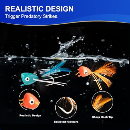 16 Pcs Topwater Fishing Lures Fly Fishing Poppers, 8 Color Popper Lures for Bass Bluegill Crappie Trout Salmon Panfish Perch, Topwater Lures Kit