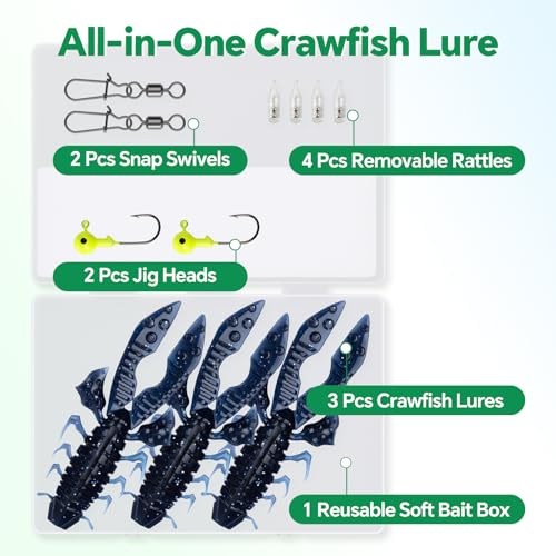 Crawfish Lure 5.5", Soft Plastic Crawdad Creature Bait with Rattles, Weedless Bass Fishing Lure, Realistic Fishing Lures for Freshwater & Saltwater, 3 Pack Red Green Blue - color: Blue (box)