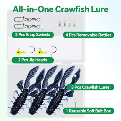 Crawfish Lure 5.5", Soft Plastic Crawdad Creature Bait with Rattles, Weedless Bass Fishing Lure, Realistic Fishing Lures for Freshwater & Saltwater, 3 Pack Red Green Blue - color: Blue (box)