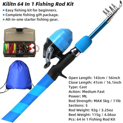 Kilitn Kids Fishing Pole Kit, Easy Fishing Telescopic Casting Rod and Spincast Reel Combos Full Set with Tackle and Travel Bag, for Boys, Girls, Youth, Starter - color: Blue Striped