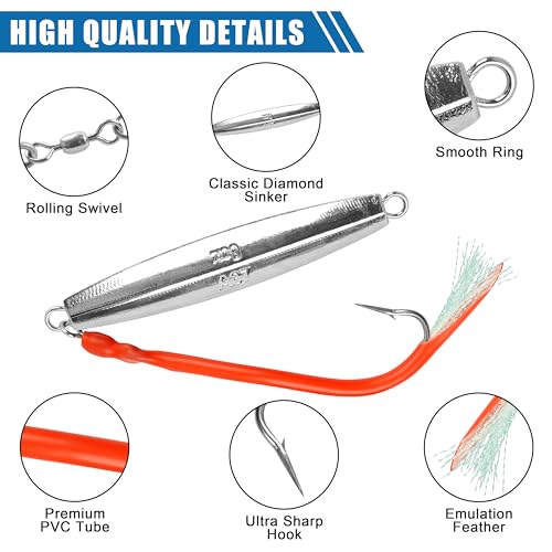 Diamond Jig Saltwater Fishing Lures Casting Jigging Spoon with Tube Tail Stainless Steel Hooks Trolling Lures Striped Bass Metal Jig for Deep Sea Surf Fishing Bottom Dragging Sinking - color: Red, size: 6 oz
