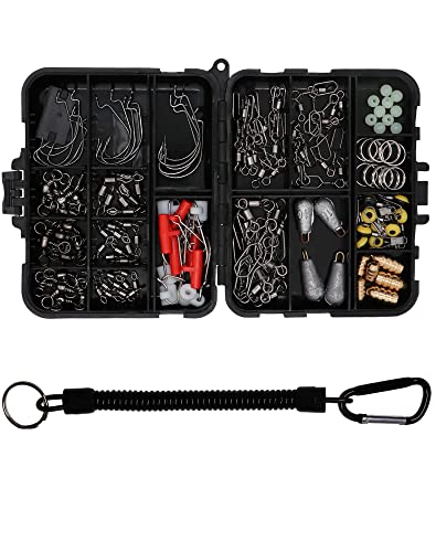 Fishing Accessories Kit with Hooks, Bass Casting, Sinkers, Swivels, Snaps, Sinker Slides, Line Beads, Fishing Set with Tackle Box Lanyard