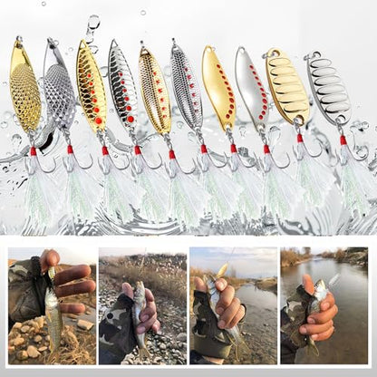 Fishing Lures 10pcs Spoon Spinner Baits FS/YE-09 | with Rooster Tail Treble Hook,Zinc Alloy Fishing Spoons,for Bass Trout Pike Walleye Salmon, Freshwater Saltwater - size: 2.17'',0.35oz