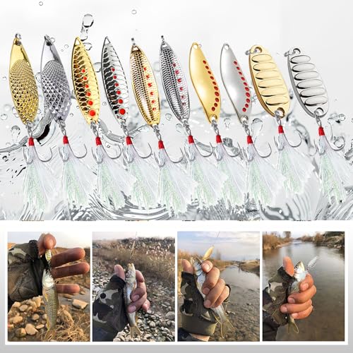 Fishing Lures 10pcs Spoon Spinner Baits FS/YE-09 | with Rooster Tail Treble Hook,Zinc Alloy Fishing Spoons,for Bass Trout Pike Walleye Salmon, Freshwater Saltwater - size: 2.17'',0.71oz