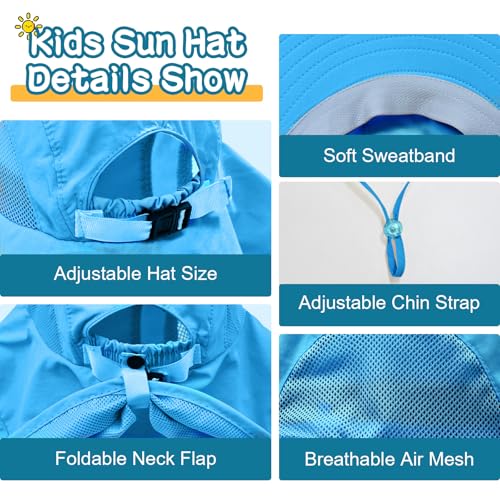 Rosoz Kids Sun Hat with Neck Flap UV Protection Summer Toddler Beach Hat Unisex Ponytail Hat Wide Brim Fishing Hat - color: 2pack-blue+dark Grey