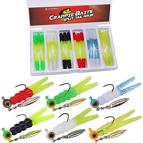 Crappie Jigs and Lures Kit -135 & 40 Piece Set with Plastics, Jig Heads, Split-Tail Grub Baits - Perfect for Crappie Fishing, Panfish Lures - color: Split-Tail Grub 40 pc. KIT Combo 2