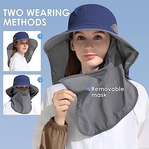 Outdoor Sun Hat Detachable Neck Face Flap UPF 50+UV Protection Visor Fishing Hats with Neck Flap for Men & Women - color: Navy
