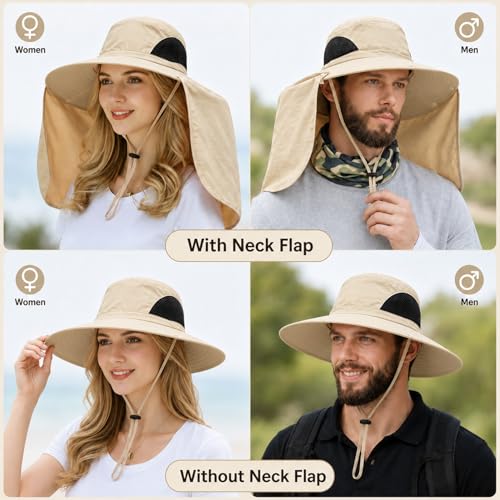 HUAMULAN Women Large Brim Sun Hat with Neck Flap, Men Quick Dry Hiking Fishing Safari Hat UPF 50+ - color: Yq005-beige