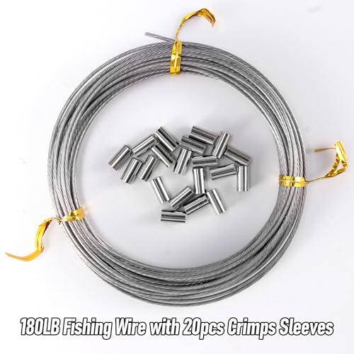 Alwonder 32.8ft Fishing Wire Fishing Leader Line with 20pcs Crimps Sleeves, Nylon Coated 1x7 Stainless Steel Leader Wire Freshwater Saltwater for Pike, Billfish, Bluefish, Muskie, Wahoo - size: 180LB