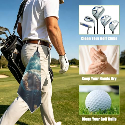 Shark Fish Pattern Magnetic Golf Towel for Golf Bags Microfiber Golf Essentials for Women Men with Carabiner Clip Attaches to Carts and Clubs, 17.7"x17.7"