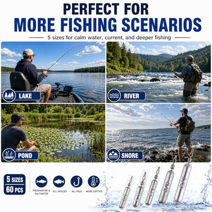 SANWEAL Drop Shot Weights Fishing Sinkers, 36/60pcs Skinny Pencil Sinkers with Barrel Swivels, Lead Fishing Weights Assorted 1/8oz 3/16oz 1/4oz 3/8oz 1/2oz for Bass Fishing, Freshwater Saltwater - size: 60 pcs / 5 Sizes