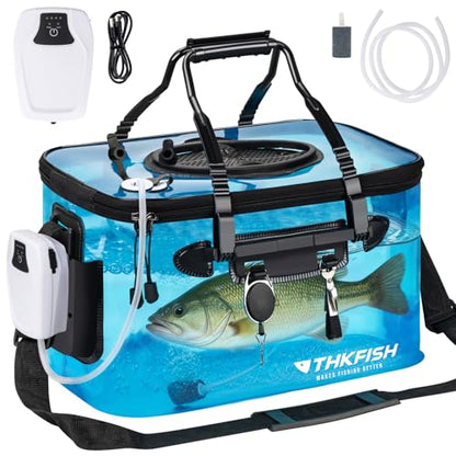 THKFISH Foldable Transparent Fishing Bucket, 4/6/8 Gallon Foldable Bait Bucket, Live Fish Container Multi-Functional Bait Bucket, Live Bait Fishing Bucket for Saltwater, Camping (4Gallon) - size: 4Gallon with Aerator