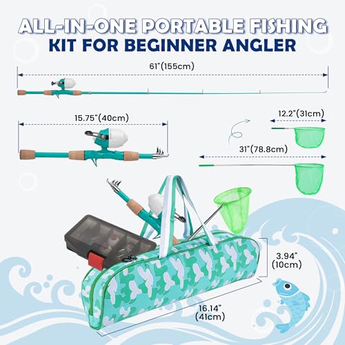 Kids Fishing Pole, Portable Telescopic Kids Fishing Poles for Boys Girls Youth, Fishing Rod and Reel Combo - color: Turquoise