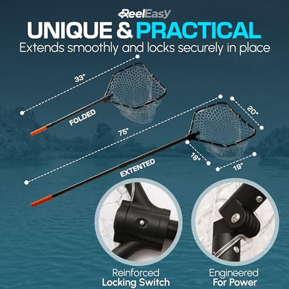 Large Fishing Net with Extendable Telescopic Handle – Foldable, Lightweight Landing Net with Built-in Size Measurement – for Freshwater, Saltwater, and Beach Fishing