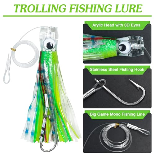 Saltwater Fishing Lures 6/9inch Trolling Lures for Marlin Mahi Tuna Dolphin Shark Big Game Deep Sea Fishing Baits Squid Skirts Rigged Hooks Ocean Gear Tackle - color: Green-1pcs, size: 6inch