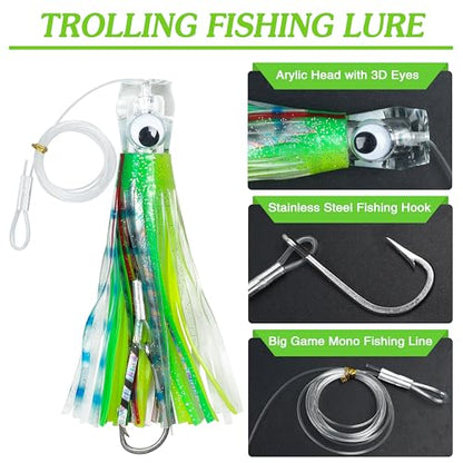 Saltwater Fishing Lures 6/9inch Trolling Lures for Marlin Mahi Tuna Dolphin Shark Big Game Deep Sea Fishing Baits Squid Skirts Rigged Hooks Ocean Gear Tackle - color: Green-1pcs, size: 6inch