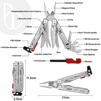 BIBURY Multitool Pliers BI2038B, 22-in-1 Stainless Steel Multi Tool with Flint, Window Breaker, Scissors, Back Clip, Folding Pocket Multifunctional Self-locking EDC Tool for Survival Camping Hiking - size: 22-IN-1