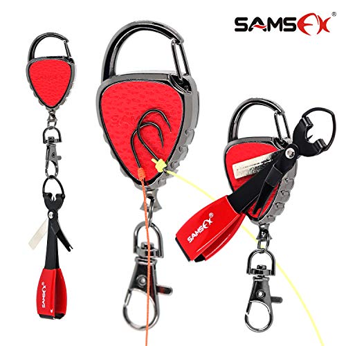 SAMSFX Quick Knot Tying Tool with Carabiner Zinger Retractor Fly Fishing Magnet Retractable Badge Holder and Multi-Tool Combo - color: Metal Zinger With Magnet & Black Knot Tool, Red Grip