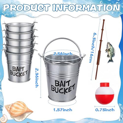 Soulchen 24 Pcs Mini Fishing Birthday Party Decorations Include 12 Fish Cupcake Pole Picks 12 Mini Tackle Bait Bucket 12 Bobber for Gone Fishing Theme Supplies Ocean Party Cake Decor - style: Bait Bucket
