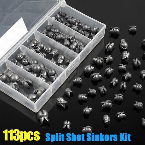 100pcs Split Shot Fishing Weights Removable Round Fishing Weights Sinkers Clip On Split Shot Weights Fly Fishing Line Sinkers for Freshwater Saltwater - size: 113pcs Mixed Kit(5 Sizes)