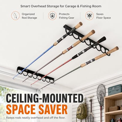 Ahomiwow Ceiling Fishing Rod Holder Pole Vertically Horizontally Rack Overhead Storage Hooks Hanger Keeper Metal Organizer Display Wall Mounted Stores Holds up to 16 Rods Racks for Garage Basement