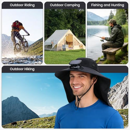 Solar Fan Hat Wide Fishing Hat Breathable Neck Flap Bucket Hats Outdoor Sun Hats for Men Women with USB Charging - color: Black