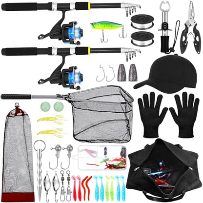 Telescopic Fishing Rod and Reel Combo 2 Pcs Collapsible Fishing Pole Kit with Plier Lip Gripper Lures Carrier Bag Pre-Loaded Spinning Reel for Beginner Men Travel Saltwater Freshwater - size: 6.89ft