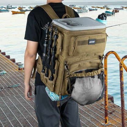 Goture Fishing Backpack with Cooler, 66L 600D Tackle Backpack with 3 Rod Holders, EVA Cover, Helmet Holder, Rain Cover, Saltwater Large Fishing Bag for Camping Hiking, Gear Storage Bag, Gifts for Men - color: A1:khaki(without Tackle Box)