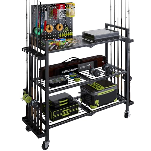 Fishing Rod Holders for Garage, Fishing Rod Stand with Wheels and Pegboard, 3-Tier Pole Storage Rack with 8 Hooks and 12 Rod Slots, Ideal for Tackle, Backpacks, and Gear - color: Black