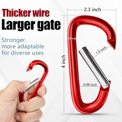 sprookber 4" & 5" Extra Large Aluminum Carabiner D Ring, Caribeener Clips, Spring Snap Hook for Keychain Clip, Set of 4 - color: red-4", size: 4 inch