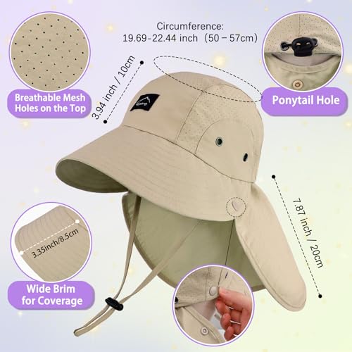Kids Sun Hat with Detachable Neck Flap for Boys & Girls Wide Brim Fishing Hat for Kids Water Resistant UV Protection - color: 1 Pack-khaki