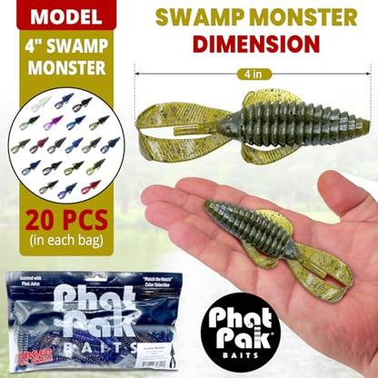 Phat Pak Baits - Swamp Monster Rage Bug Style Plastic Beaver Creature Bait Punching Bass Fishing Lure 20ct 4" - color: Green Pumpkin Blue Flake