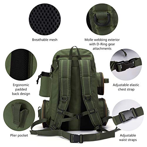 BASSDASH Fishing Tackle Backpack Water Resistant Tactical Bag Soft Tackle Box with Rod Holder and Protective Rain Cover - color: Green Backpack [3600] Without Trays