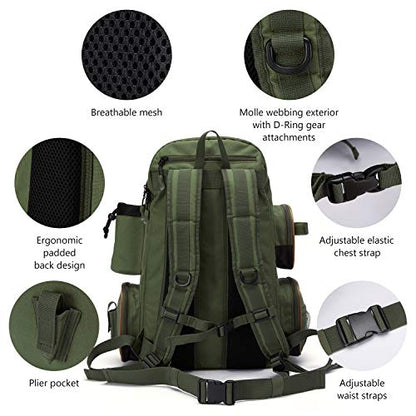 BASSDASH Fishing Tackle Backpack Water Resistant Tactical Bag Soft Tackle Box with Rod Holder and Protective Rain Cover - color: Green Backpack [3600] With 3 Trays