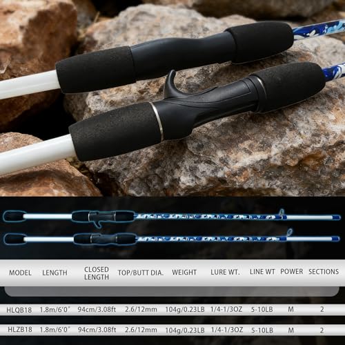 6'6" Fiberglass Casting Rod, 2-Piece Skull Design, Durable & Sensitive with Split-Grip Handle, Perfect for Bass, Pike, Catfish Fishing in Freshwater & Saltwater - color: HLZB-6'0", size: 6'0"