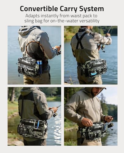 CVLIFE Fishing Tackle Bag Waist Pack with Rod Holder, Water Resistant Fanny Pack Includes 3600 Tackle Box, Waterproof Pouch & Carabiners, Convertible Sling Bag with Net Holster for Gear - color: Tactical Camo