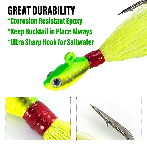Dr.Fish 3 Pack Bucktail Jig Lure Hair Jig Saltwater Freshwater Lures Surf Fishing Bass Flounder Striper Bluefish Halibut Redfish - color: White,Chartreuse,Red & White (Pack of 3), size: 1/4 oz