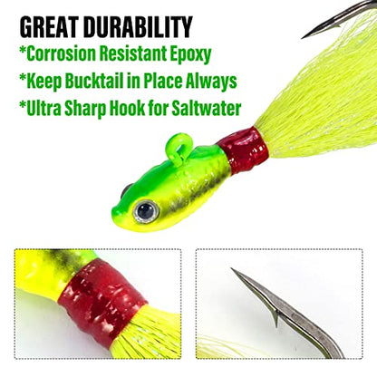 Dr.Fish 3 Pack Bucktail Jig Lure Hair Jig Saltwater Freshwater Lures Surf Fishing Bass Flounder Striper Bluefish Halibut Redfish - color: White,Chartreuse,Red & White (Pack of 3), size: 1 oz