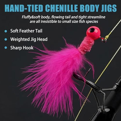 Fishing Jig Heads Crappie Jigs, 25pcs Marabou Jigs Lures Round Ball Head Jig Hooks Hair Jig Feather Fishing Lures for Bass Sunfish Trout Walleye Panfish 1/8oz 1/16oz 1/32oz - size: 1/32oz-25pcs