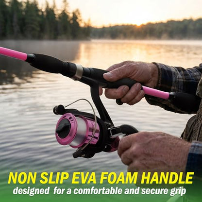 Fiberglass Fishing Pole - Strike Series 78-Inch Collapsible Rod and Spinning Reel Combo, EVA Handle, Pre-Spooled Reel, Fishing Gear for Catching Walleye, Bass, Trout, and More by Wakeman - color: Pink