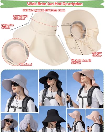 Sun Hats Women UV Protection with Neck Flap Wide-Brim Ponytail Hole Quick-Dry Breathable Hiking Fishing Gardening Hat
