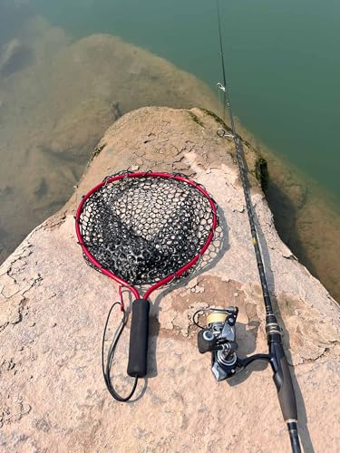 Short Handle Rubber Fishing Landing Net, 19.7" Lightweight Aluminum Frame, Portable EVA Foam Handle Trout Net for Kayak Stream Catch and Release, Hook-Friendly Rubber Netting Landing Net - color: Red