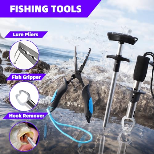 Jaylene 16.5Inch Fishing Backpack with Tackle Boxes, Fishing Backpack with Rod Holder, Waterproof Sling Tackle Bag For Gear With Lures, Pliers, Fish Lip Gripper Gifts for Men（103PCS Tool Kit）