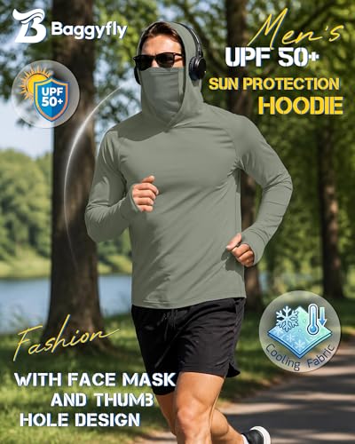 Men's UPF 50+ Sun Protection Hoodies Mask Long Sleeve Thumbholes Lightweight Dry Rash Guards Running Fishing Shirts - color: Mint Green, size: Large