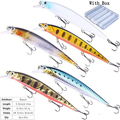 Jerk Baits for Bass Fishing, Jerkbait Fishing Lures, Minnow Lures Jerk Bait for Freshwater/Saltwater Fishing Lures for Trout Pike, 5pcs/10pcs with Box - color: J:5.51in/0.64oz/5pcs
