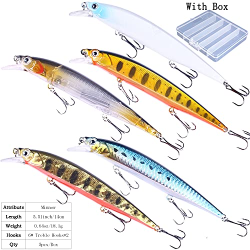 Jerk Baits for Bass Fishing, Jerkbait Fishing Lures, Minnow Lures Jerk Bait for Freshwater/Saltwater Fishing Lures for Trout Pike, 5pcs/10pcs with Box - color: J:5.51in/0.64oz/5pcs