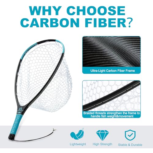 Maxcatch Fly Fishing Landing Net, Carbon Fiber Frame, Rubber Mesh, with Magnetic Net Release, for Trout Bass Catch and Release - style: Regular Handle