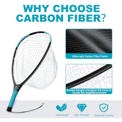 Maxcatch Fly Fishing Landing Net, Carbon Fiber Frame, Rubber Mesh, with Magnetic Net Release, for Trout Bass Catch and Release - style: Regular Handle